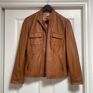 Chico’s Camel Brown Genuine Leather Jacket Stitched Accents Size 1 (medium)